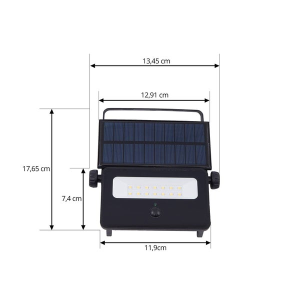 Solar-LED-Strahler mit Maßangaben: Breite 13,45 Zentimeter, Höhe 17,65 Zentimeter.
