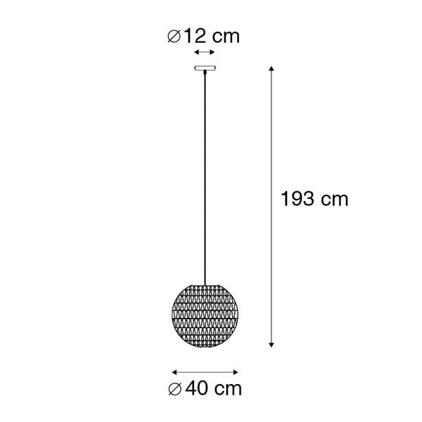 Maßzeichnung Pendelleuchte: Gesamthöhe 193 Zentimeter, Schirmdurchmesser 40 Zentimeter, Baldachindurchmesser 12 Zentimeter.