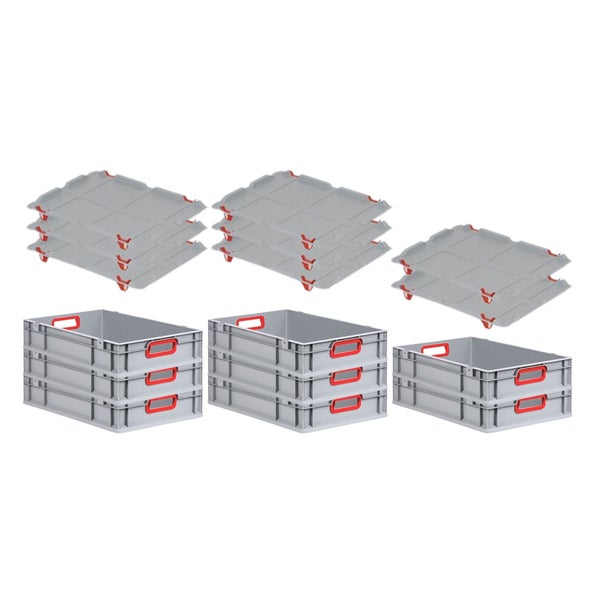 PROREGAL Spar Set 8x Eurobox Nextgen Color Mit Auflagedeckel & Schiebeschnappverschlüsse HxBxT 12 x 40 x 60 cm Griffe Rot Offen Glatter Boden