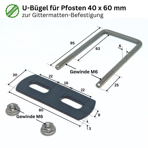 U-bolt for posts 40 x 60 millimeters for mesh panel attachment with dimensions