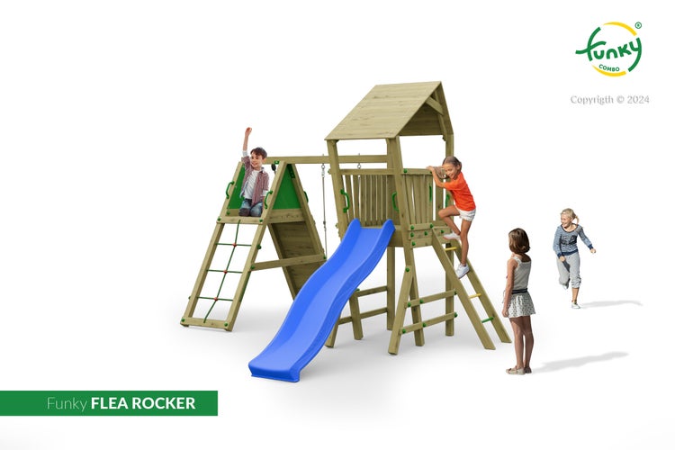 Spielturm Funky FLEA ROCKER aus Holz mit Rutsche, Kletterwand und Leiter, Kinder spielen auf dem Gerüst. Funky Combo Logo.