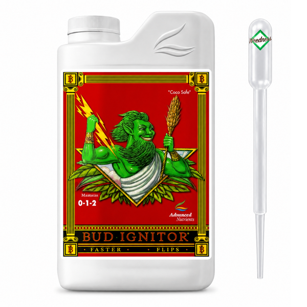 Advanced Nutrients Bud Ignitor Pflanzendünger in einer Flasche mit Pipette zur Dosierung.