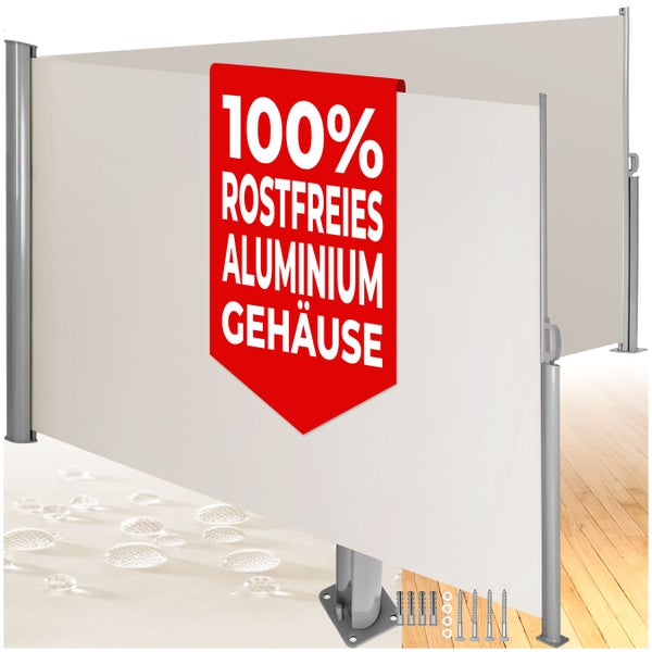 Doppelseitige Seitenmarkise mit Gehäuse aus 100 Prozent rostfreiem Aluminium, wasserabweisender Bespannung und Montagematerial.