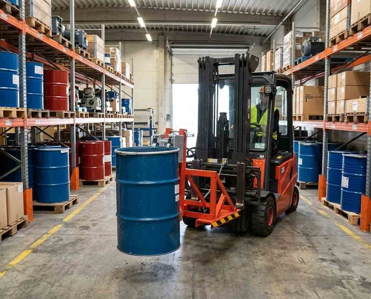 Gabelstapler in einem Lagerhaus transportiert ein blaues Fass, umgeben von Industrieregalen mit Fässern und Paletten.