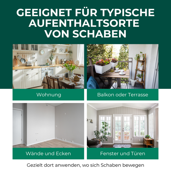 Geeignet für typische Aufenthaltsorte von Schaben: Wohnung, Balkon oder Terrasse, Wände und Ecken, Fenster und Türen.