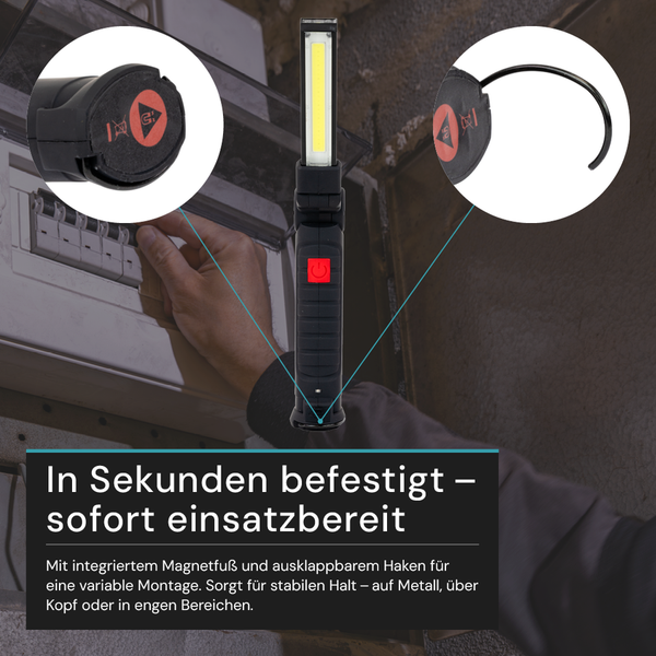 Akkuleuchte mit Magnetfuß und Haken zur flexiblen Befestigung