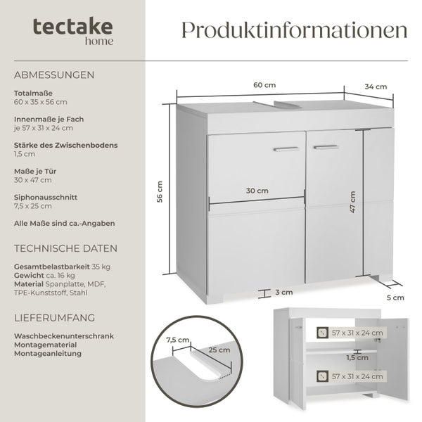 technische Zeichnung und Maßangaben eines Tectake Waschbeckenunterschranks mit zwei Türen, Innenfächern und Siphonausschnitt zur Montage im Bad.