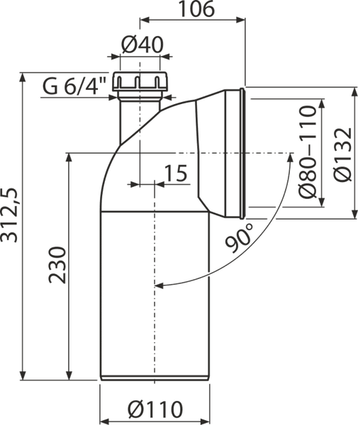 Maßzeichnung eines 90 Grad Anschlussbogens mit Maßangaben in Millimetern: Gesamthöhe 312,5, Breite 106 und Durchmesser 110.