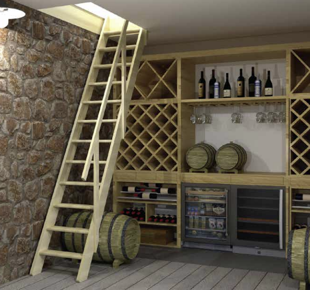 Weinkeller mit Weinregal, Weinflaschen, Fässern und einer Holzleiter