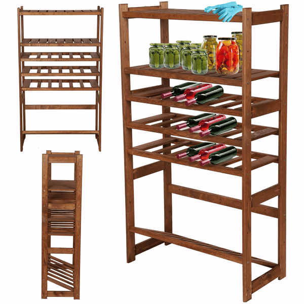 PROREGAL Getränkekisten- & Weinregal SPREEWALD HxBxT 124x70x33cm 18 Flaschen auf 3 Ebenen + 1 Ebene für Kisten + 2 Ablagen Massives Kiefernholz Braun geölt
