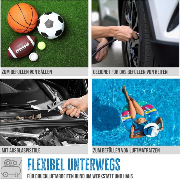 Collage mit Druckluftanwendungen: Bälle aufpumpen, Autoreifen befüllen, Motorraum mit Ausblaspistole reinigen und Luftmatratzen aufblasen.