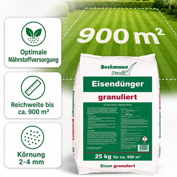 Beckmann Profi Eisendünger granuliert 25 kg für 900 Quadratmeter Rasenfläche für eine optimale Nährstoffversorgung.