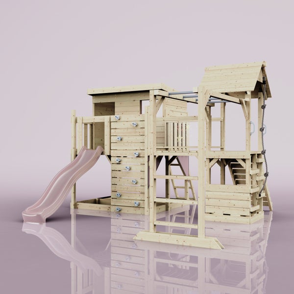 Spielturm aus Holz mit Rutsche, Kletterwand und Schaukelgerüst