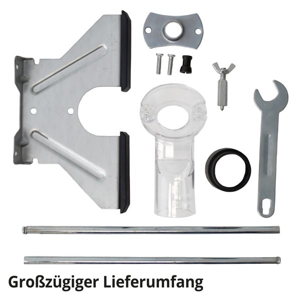 Umfangreiches Zubehörset bestehend aus Montageplatte, Schrauben, Werkzeug und Führungsholmen