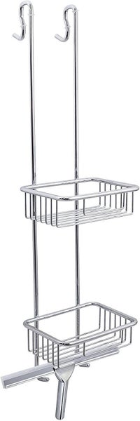 Zweistöckiger Duschkorb aus verchromtem Metall zum Einhängen mit integriertem Duschabzieher.