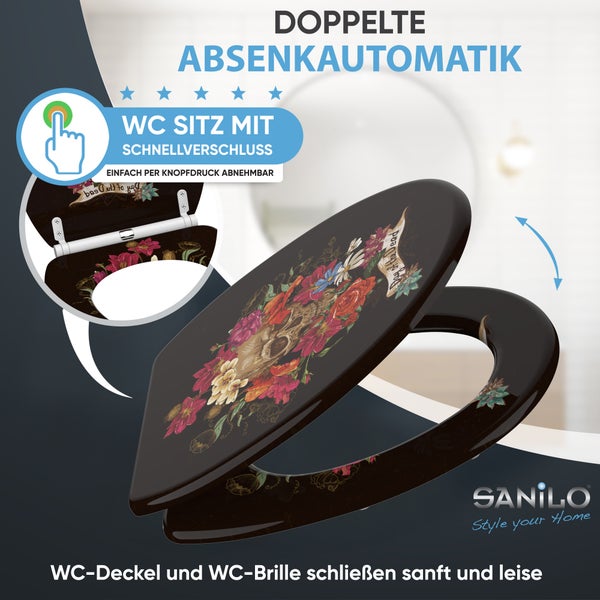 Schwarzer WC-Sitz mit Totenkopf- und Blumenmotiv, doppelter Absenkautomatik und Schnellverschluss. Sanilo Logo.