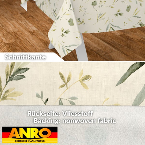 Tischdecke mit Blattmuster, Rückseite aus Vliesstoff und Schnittkante. ANRO Deutsche Manufaktur Logo.