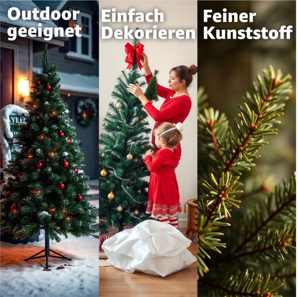 Collage von einem geschmückten Weihnachtsbaum für den Außenbereich, einer Frau und einem Kind beim Schmücken eines Weihnachtsbaums und der Nahaufnahme von Tannenzweigen aus Kunststoff