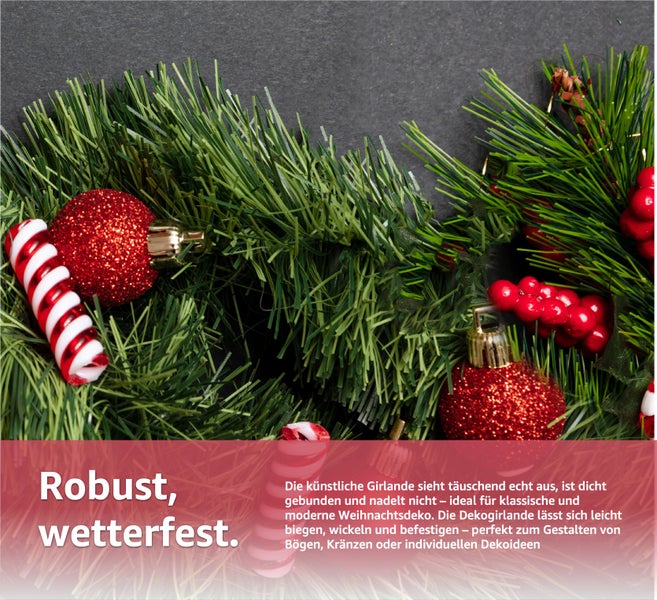 Dekorative Weihnachtsgirlande mit Weihnachtskugeln und Zuckerstange