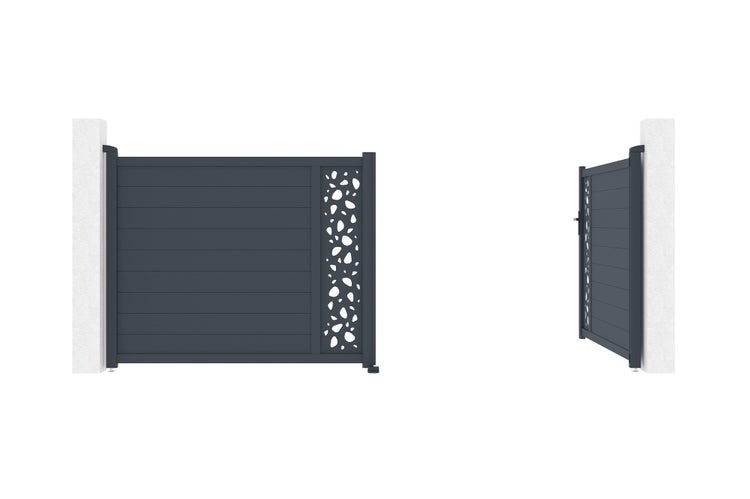 Anthrazitfarbenes zweiflügeliges Drehtor aus Aluminium mit horizontalen Lamellen und dekorativem Kiesel-Ausschnitt.