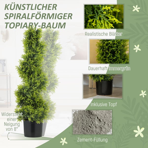 Künstlicher, spiralförmiger Topiary-Baum im Topf mit Zementfuß.