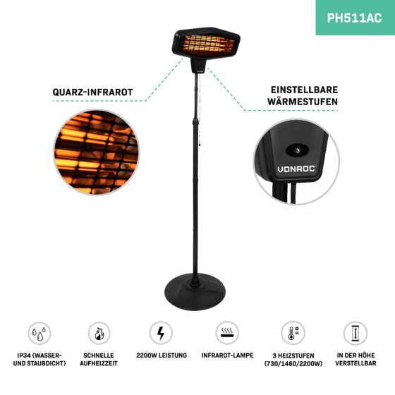 Vonroc Infrarot-Standheizstrahler, 2200 Watt, 3 Heizstufen, höhenverstellbar, IP34