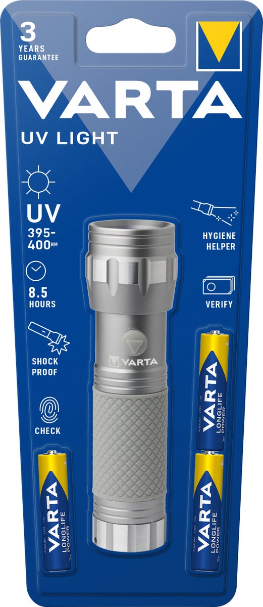 Varta LED Taschenlampe UV Light, 385-400nm inklusive 3x Batterie Alkaline AAA, Retail Blister