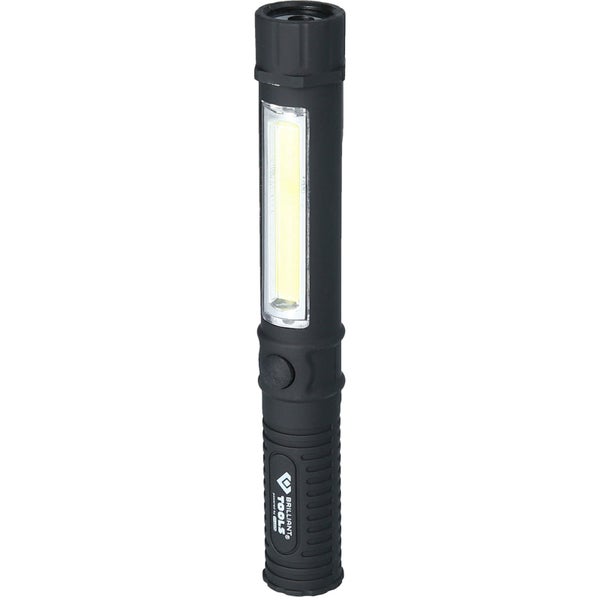 Brilliant Tools LED Werkstattlampe, schwarze Stablampe mit seitlichem Lichtfeld und strukturiertem Griff.