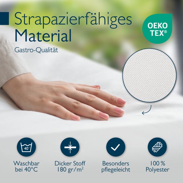 Strapazierfähiger 100 Prozent Polyester, Gastronomie-Qualität, waschbar bei 40 Grad, 180 Gramm pro Quadratmeter, pflegeleicht, OEKO-TEX schadstoffgeprüft.