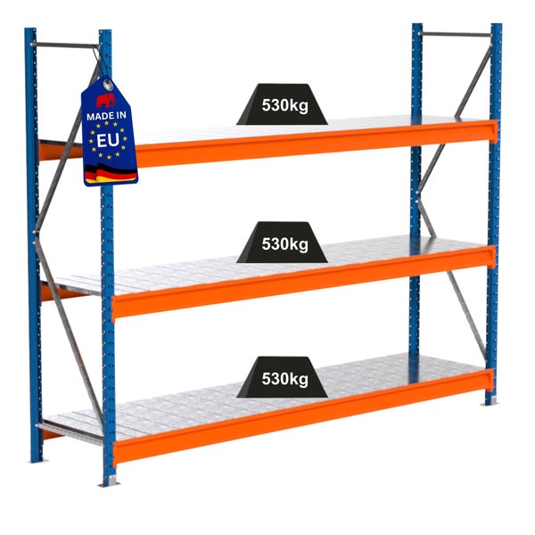 Lagerregal mit drei Ebenen und Traglastangabe von 530 Kilogramm pro Ebene sowie Made in EU Siegel