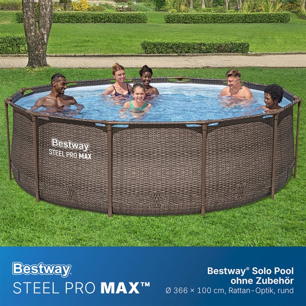Runder Bestway Steel Pro MAX Pool in Rattan-Optik im Garten mit Personen, Durchmesser 366 mal 100 Zentimeter.