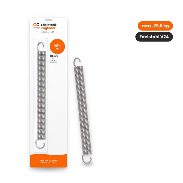Orange Commerce Edelstahl Zugfeder mit Haken, 219 Millimeter lang, Drahtdurchmesser 2,5 Millimeter, maximale Tragkraft 29,6 Kilogramm.