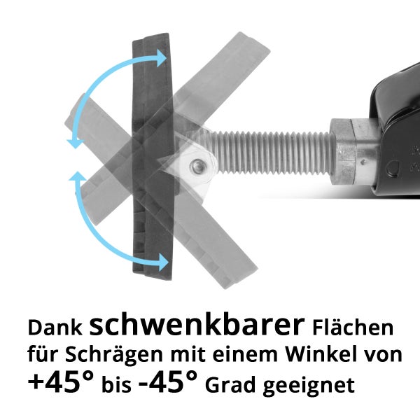 Schwenkbare Druckplatte eines Spannelements, geeignet für Schrägen mit einem Winkel von plus 45 bis minus 45 Grad.