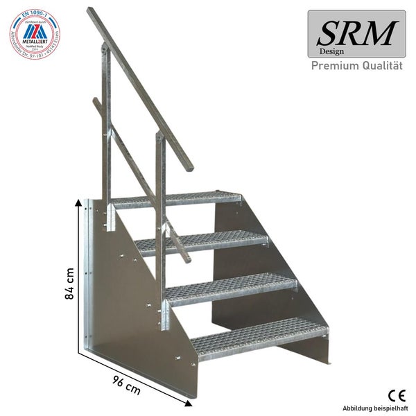 Stahltreppe, 4 Stufen, Geländer, verzinkter Stahl, 84 Zentimeter hoch, 96 Zentimeter breit, zertifiziert EN 1090-1, SRM Design Logo.