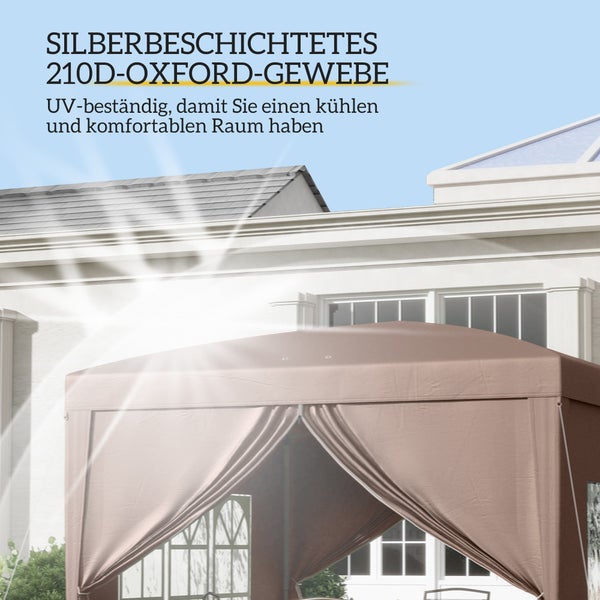 Outsunny Pavillon ca.3x3m, wasserabweisend Stabil Winterfest Pop-up Faltpavillon, UV Schutz 50+, Faltbar Partyzelt Gartenzelt mit 4 Seitenteilen Tasche Gartenpavillon für Camping Garten, Kaffee
