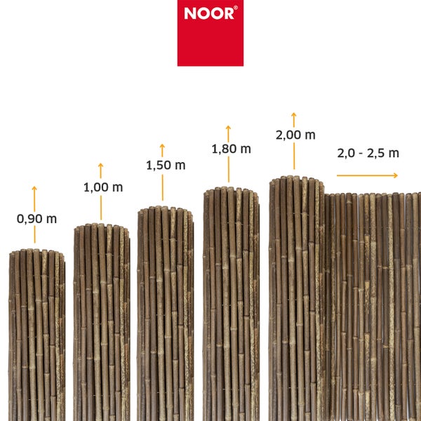 Noor Logo und Bambus Sichtschutzmatten in verschiedenen Hoehen von 0,90 Meter bis 2,00 Meter und einer Laenge von 2,0 bis 2,5 Meter.