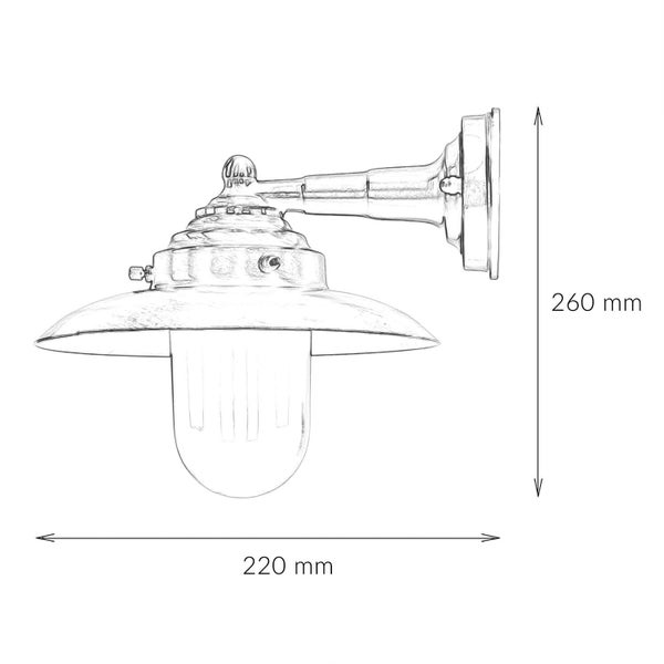 Skizze einer Wandleuchte mit den Maßen 260 mm Höhe und 220 mm Breite.