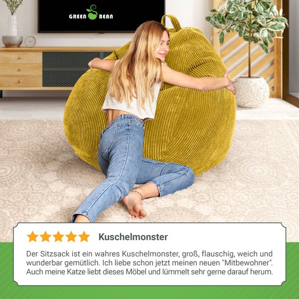 Green Bean Indoor Sitzsack 90x110cm EPS-Perlen Füllung & Cordstoff Kuschelig Weich Waschbar - Drinnen Bodenkissen Liegekissen Sitzkissen Sitzhocker Relax-Sessel Kinder Erwachsene Stoff Gelb