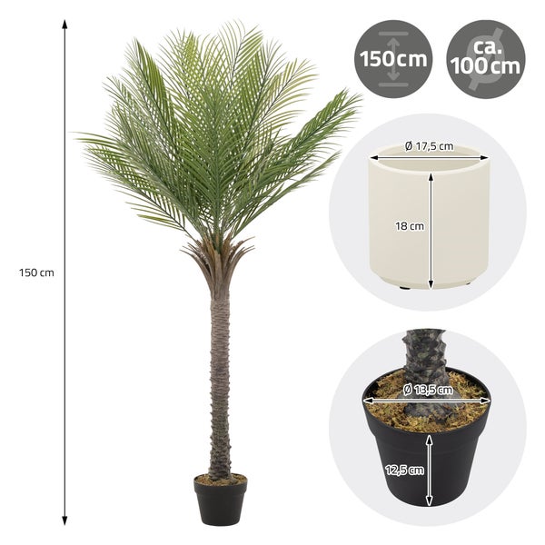 Künstliche Palme mit 150 Zentimeter Höhe und Pflanztopf mit Maßangaben zur Übersicht der Abmessungen.