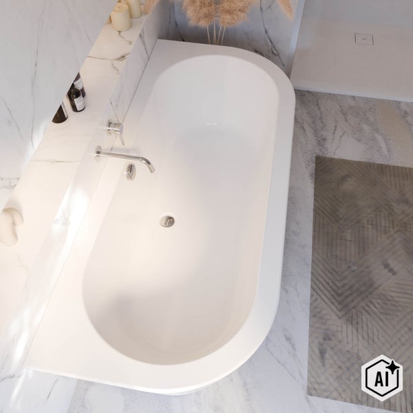 Moderne Badewanne mit Armatur in einem Badezimmer mit Marmorfliesen aus der Vogelperspektive.