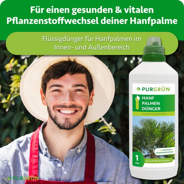 Eine Flasche Purgrün Hanfpalmen Dünger mit einem lächelnden Gärtner im Hintergrund.