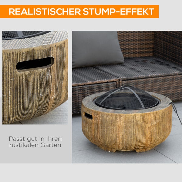 Outsunny Feuerschale, Feuerstelle mit Deckel, Feuerkorb mit Schürhaken, im Baumstumpf-Design, für Garten, Camping, Terrasse, Stahl, MgO, Braun