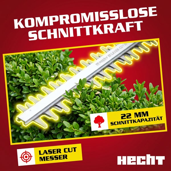 Hecht Heckenschere mit lasergeschnittenem Messer schneidet eine Hecke, 22 Millimeter Schnittkapazität. Hecht Logo.