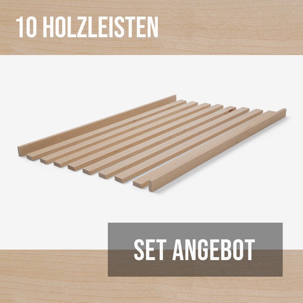 Set Angebot mit zehn rechteckigen Holzleisten aus Holz.