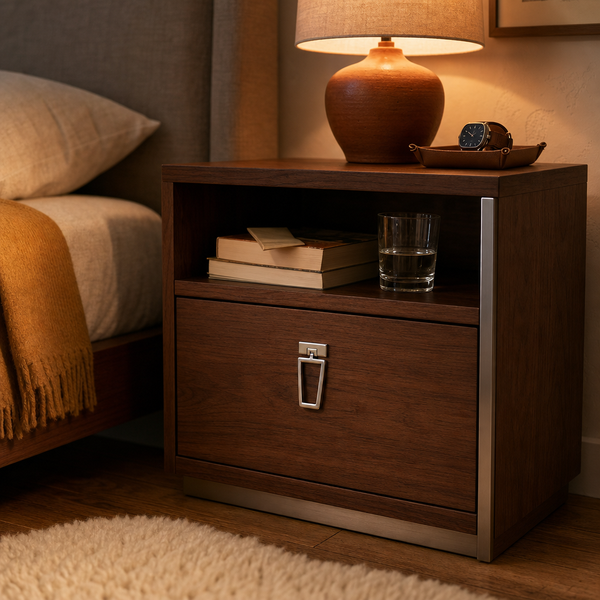 Nachttisch aus Holz mit einer Schublade und offenem Fach, Metallgriff, neben einem Bett in einem gemütlich beleuchteten Schlafzimmer.
