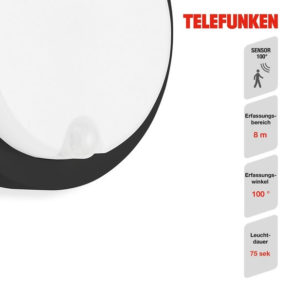 LED Außenwandleuchten Bewegungssensor IP44 Ø17cm 12W schwarz Telefunken