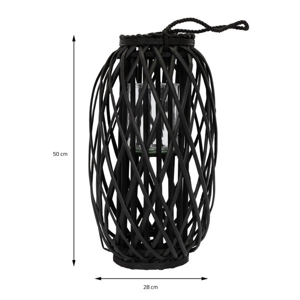 ECD Germany Laterne Ried 50 x Ø28 cm mit Henkel, Schwarz, Seilfaser, Flechtoptik, Rattan Windlicht mit Glaseinsatz, Retro-Laterne Korbgeflecht, Handgeflochtene Gartenlaterne Kerzenhalter Kerzenständer