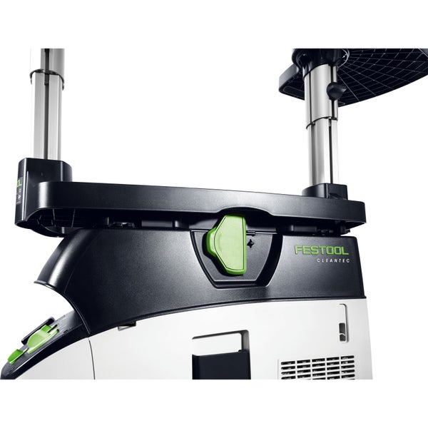 Detailansicht eines Festool Cleantec Absaugmobils mit grünem Verriegelungshebel und ausziehbaren Metallstangen.