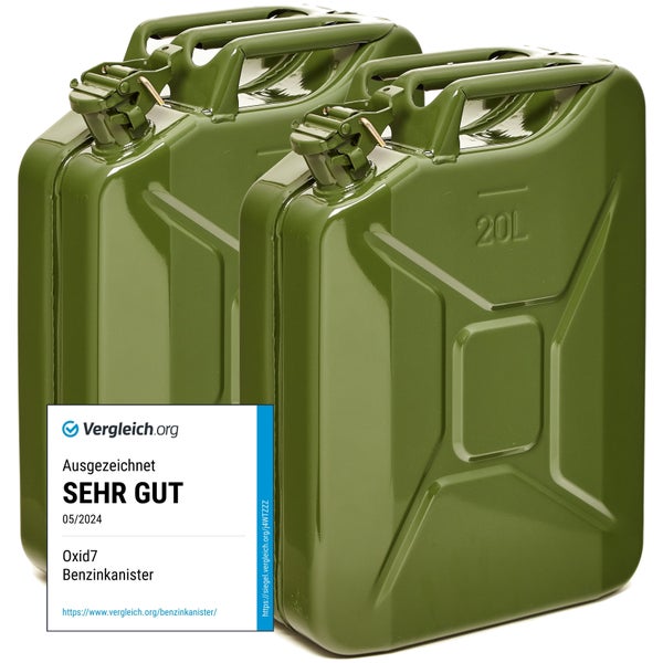 Zwei Metall Benzinkanister mit einem Fassungsvermögen von je 20 Liter inklusive Siegel für eine sehr gute Auszeichnung