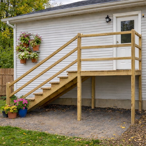 Außenansicht eines Hauses mit einer Holztreppe, die zu einer Tür führt, und hängenden Blumentöpfen an der Wand.